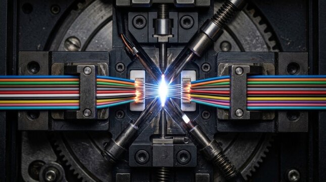 A close up view of a fiber optic fusion splicer machine joining multi colored cables together with a bright electric arc discharge at the center of the mechanical apparatus