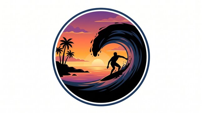 Silhouette of a surfer riding a wave against a sunset ocean view, vector icon