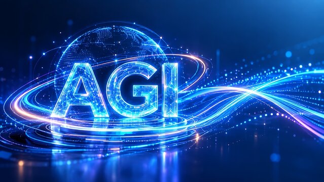 Glowing three dimensional letters spelling agi surrounded by digital light streaks and world sphere.