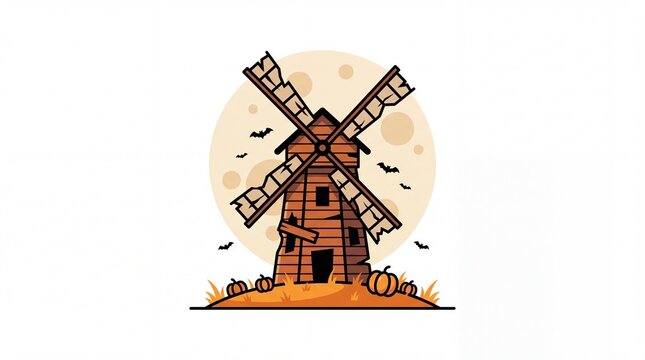 Spooky haunted windmill vector illustration featuring creepy wooden architecture. Full moon background with flying bats and pumpkins. Graphic art design element for Halloween holiday and party themes