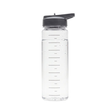 A clear plastic water bottle with measurement markings stands isolated on transparent background waterbottle hydration