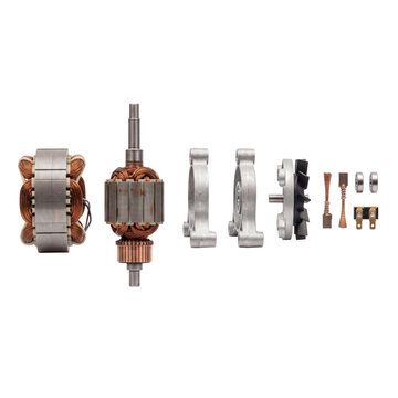 Disassembled electric motor components displayed in a row on transparent background parts rotor stator armature
