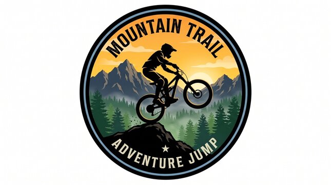 Mountain biker silhouette jumping in forest at sunrise, vector badge