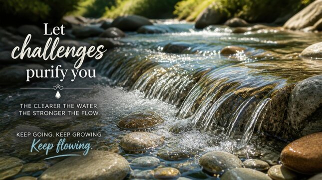 Flowing mountain stream with clear water over smooth river stones and motivational text overlay saying Let challenges purify you in a lush green forest background.