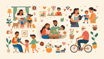 Fototapeta premium Family illustrations showcase parents and children sharing everyday moments together in a cozy home environment.