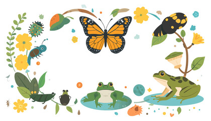 Obraz premium Butterfly, frogs, and botanical elements form a decorative floral frame around a blank space.