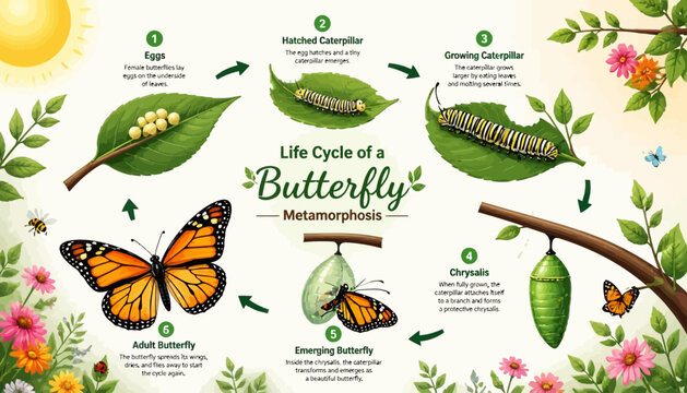 Metamorphosis infographic displaying the stages of development for an orange monarch butterfly.