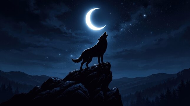 A silhouette of a wolf howling at a crescent moon on a mountain peak with cliff under crescent stands rocky cliff moon starry night dark silhouette illustration atmospheric wilderness nocturnal