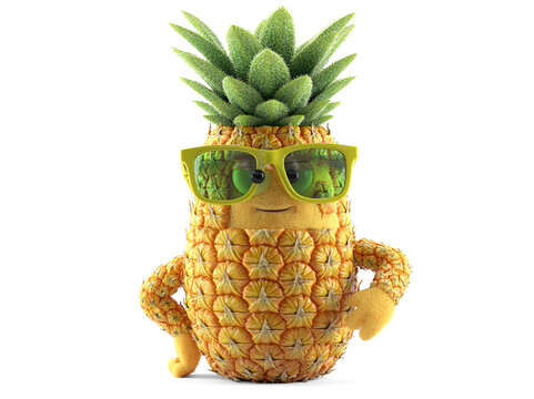 Cartoon pineapple character wearing sunglasses isolated on white background