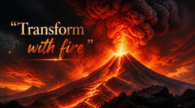 Volcanic eruption with molten lava flowing down the mountain slopes under a thick plume of smoke and ash at sunset, including the text Transform with fire in the sky.