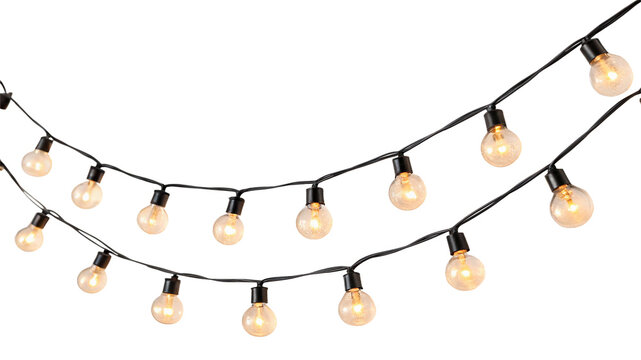 Festive glowing outdoor string lights garland decoration isolated on transparent background.