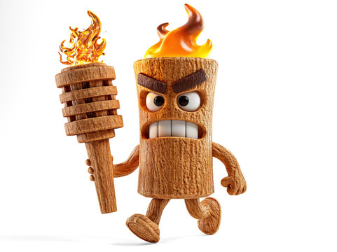 Angry wooden log character with flaming torch isolated on white background