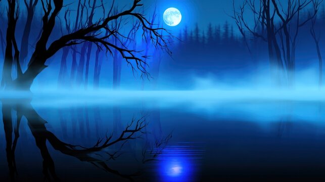 Mystic moonlight bathes eerie forest and lake in ethereal hues, shrouded by fog, reflecting in water