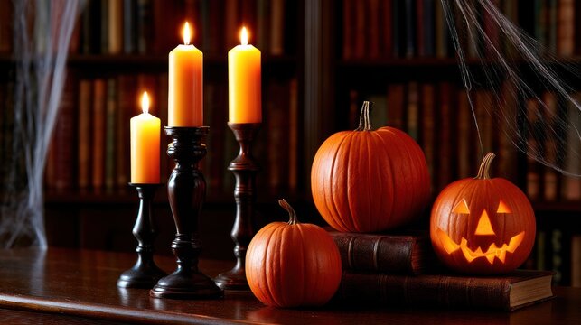 Three pumpkins on books, one carved with a face; lit candles beside, set in a dim library with cobwebs