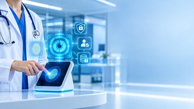 Doctor using digital tablet with futuristic medical security interface in modern laboratory hospital laboratory data protection cyber security healthcare technology doctor hands medical software