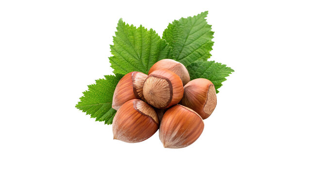 Small pile of fresh raw unpeeled hazelnuts nuts isolated on transparent background.