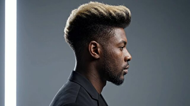 Stylish young black man with modern fade haircut in profile, studio portrait with dramatic lighting side view