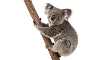 Cute wild australian koala bear climbing tree branch isolated on transparent background. © Rosie Rogers