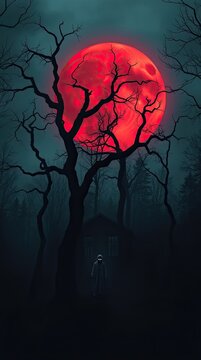 A figure stands in a dark forest under a large red moon. The trees are bare and a small structure is visible in the background. It is night