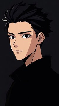 A character stands in profile with black hair and dark clothing. The scene is simple focusing on the characters features and expression