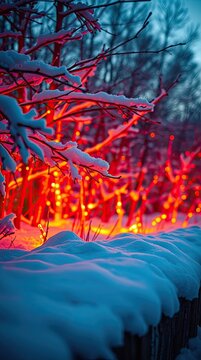 Lights glow in an outdoor area where trees are covered with snow. The scene shows red and orange lights against a cold background