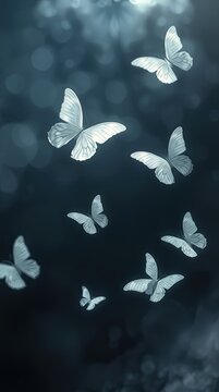 Several butterflies are seen flying through a dark space filled with soft blue light creating a tranquil scene of movement in the air