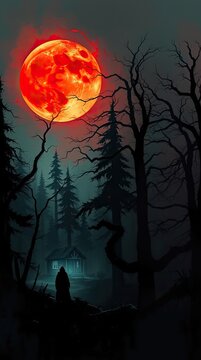 A full moon shines brightly over a dark forest at night. A small cabin sits among tall trees. A figure stands quietly in the foreground