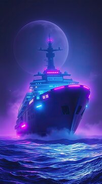 A ship moves through dark water at night. Bright lights illuminate the vessel and the sea. A large full moon shines in the sky enhancing the scene