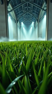 Grass is displayed indoors under beams with water droplets reflecting light. A soft mist surrounds the area creating a unique atmosphere