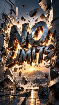 Breaking through the wall, No Limits text emerges with glowing sunrise and rocky landscape
