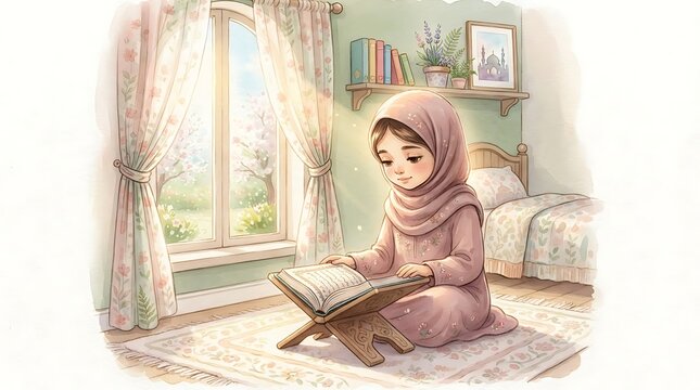 Watercolor muslim girl reading quran in a sunny room