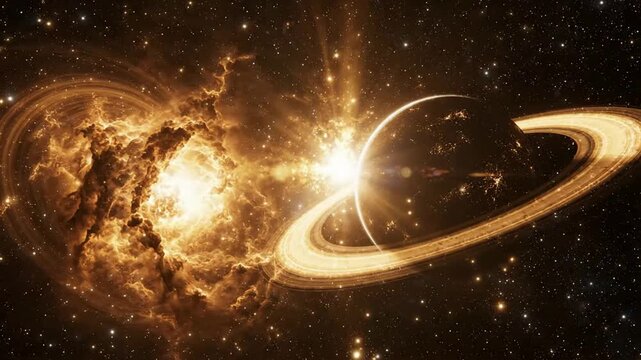 Cinematic space nebula and ringed planet: golden cosmic explosion and interstellar galaxy background