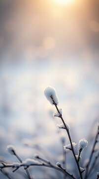 A branch is covered in snow as the sun shines through the winter sky. The background shows a soft focus of snow and light during the day