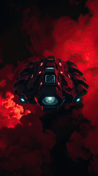 A spacecraft hovers among red clouds in a dark space scene. The lights on the craft shine bright against the dark background creating a striking visual
