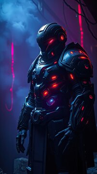 A unique armored figure stands in a dark space filled with colorful lights and smoke. The scene creates a mysterious and intense atmosphere at night