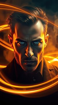 A man poses with a serious look and intense eyes in an art scale setting. Glowing orange light swirls around him. The background is dark and dramatic