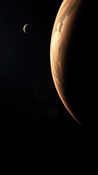 Mars is shown in a close view against a dark background with its moon visible in the distance. The scene captures a moment in outer space