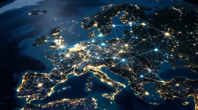 A digital illustration of Europe at night featuring glowing city lights and fiber optic network lines connecting major hubs, symbolizing global communication and connectivity