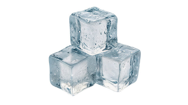 Three ice cubes stack group cold clear translucent isolated on transparent background.