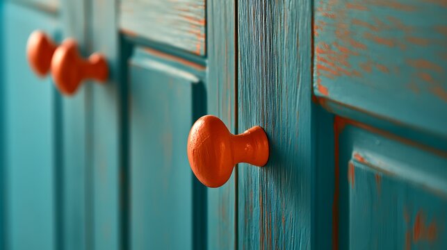 Vibrant orange knobs on rustic teal wooden kitchen cabinet doors.