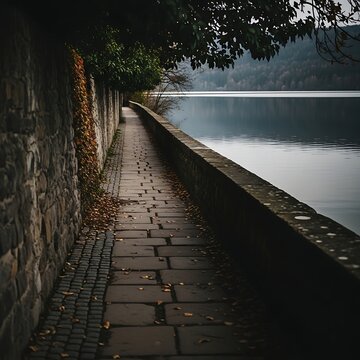 Narrow stone pathway beside quiet lake under deep autumn tree canopy
