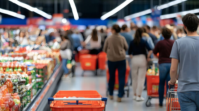Crowded supermarket aisle with people pushing shopping carts and choosing products. Busy grocery store atmosphere with bright lighting and full shelves.