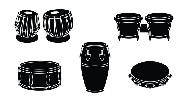 Collection of percussion instruments depicted as black silhouettes against a white background drums tabla bongo congas tambourine