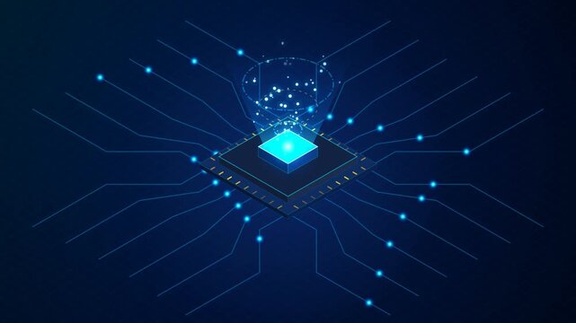 Blue Glowing Central Processor Unit Chip with Digital Data Transmission Lines on Dark Background