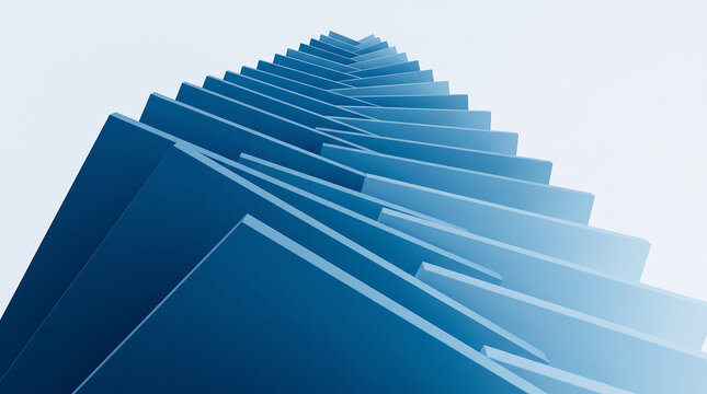 Abstract architectural structure of stacked blue rectangular blocks