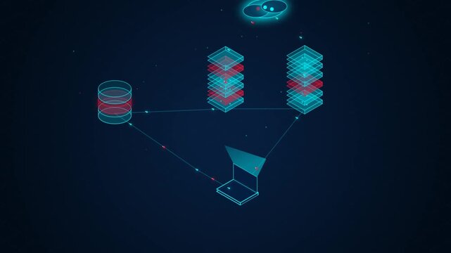 Digital Network Data Transfer Animation Featuring Glowing Server Nodes and Laptop Connectivity Flow