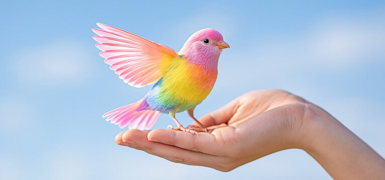 A vividly colored bird flying upward from outstretched hands against a gentle sky, representing inspiration and togetherness.