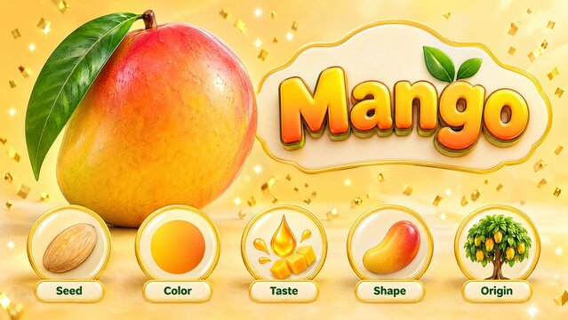 Mango kids flash card poster showing seed color taste shape origin labels and fruit fact cheerful 3D illustration