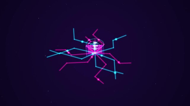 Futuristic Digital Hub Connection Lines with Glowing Neon Pink and Blue Data Nodes on Dark Backgroun