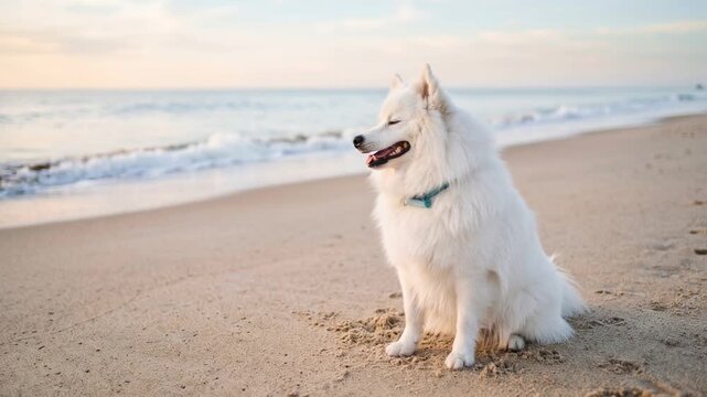 japanese spitz dog close up at the beach at morning light in kamakura japan video